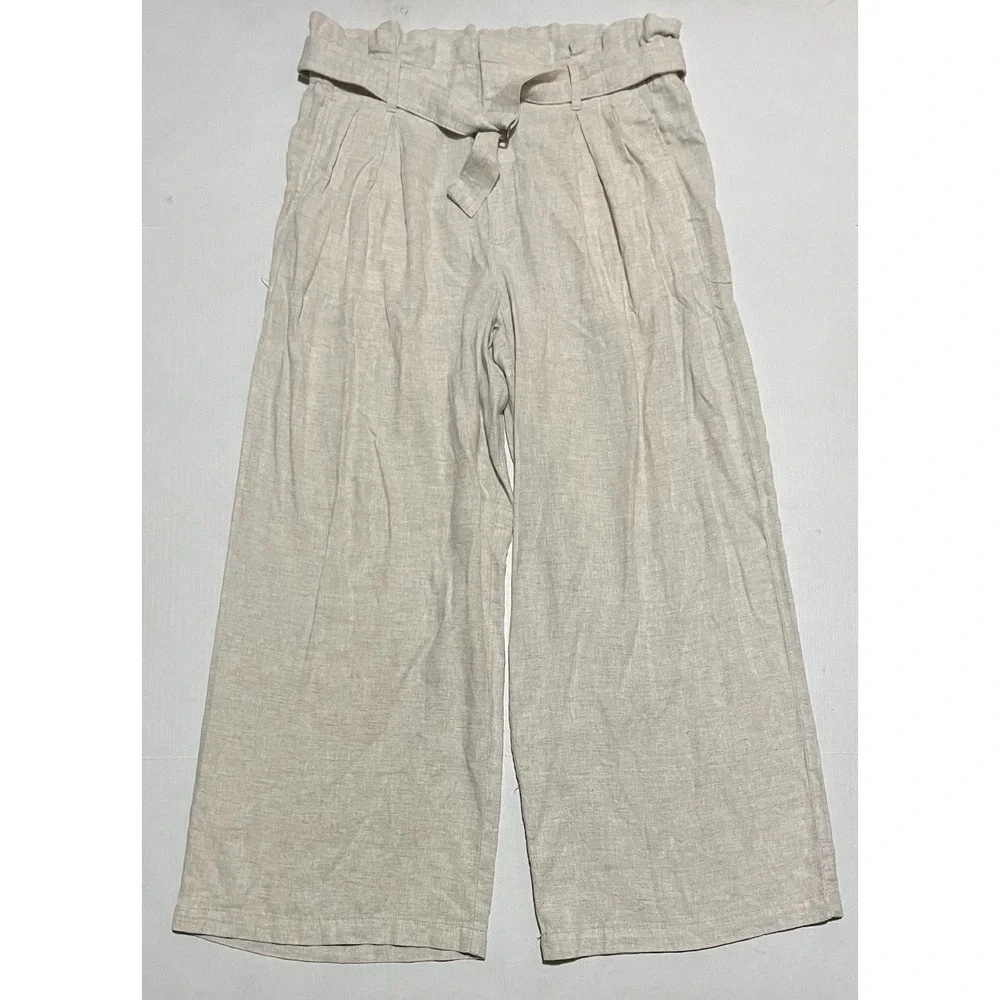 Banana Republic Linen Blend Pants Size 10 X 28.5 Women's Wide Leg Beige Paperbag